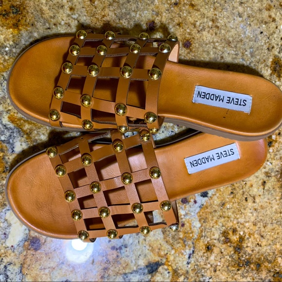 Steve Madden | Shoes | Cognac Steve Madden Slides With Gold Embellishments  | Poshmark